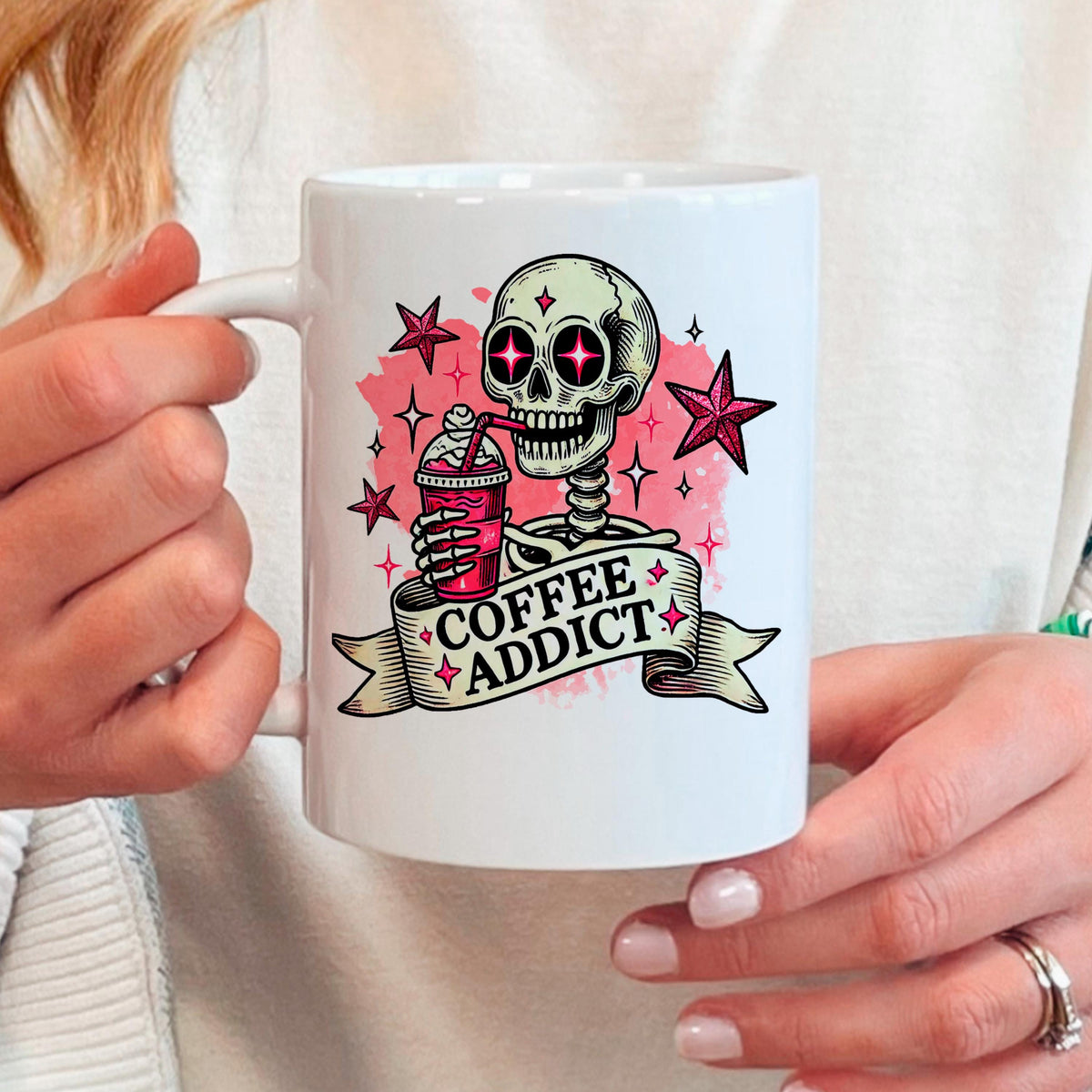 Coffee Addict Mug – Pink Skull Coffee Cup | Funny Caffeine Lover Gift, Ceramic, Dishwasher Safe