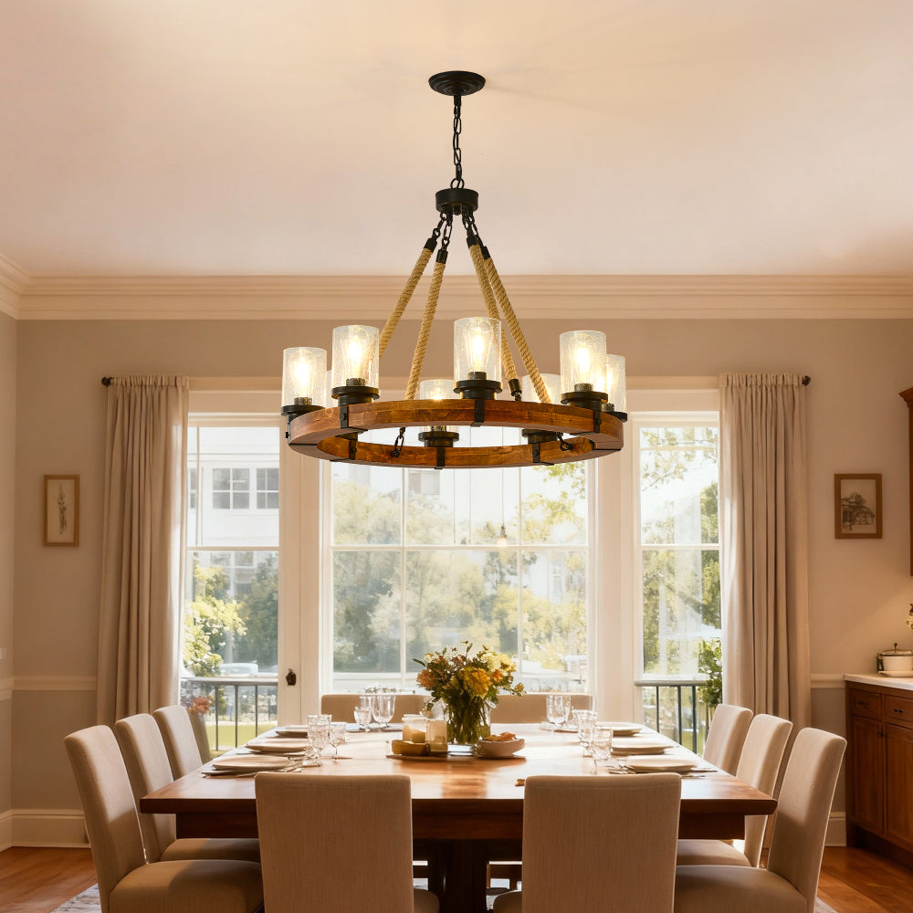 8-Light Rustic Wagon Wheel Chandelier | 31" Wood Frame & Seeded Glass, Farmhouse Industrial Pendant