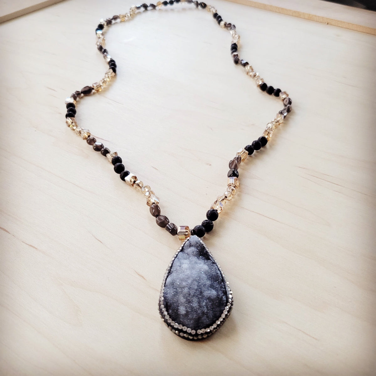 **Black Lava Beaded Necklace w/ Druzy Pendant 257lb