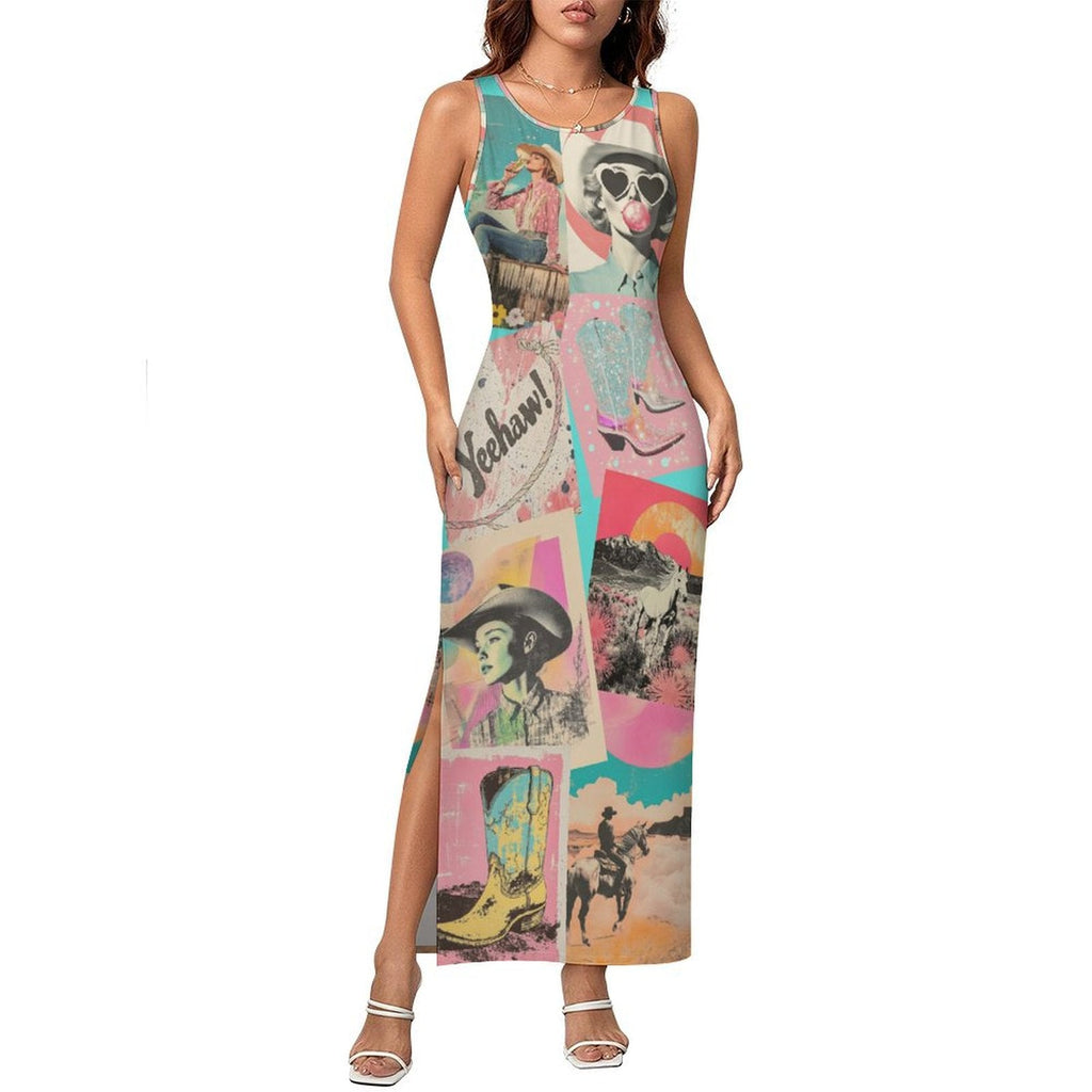 Baha Ranch Retro Pop Western Bodycon Side Slit Maxi Dress