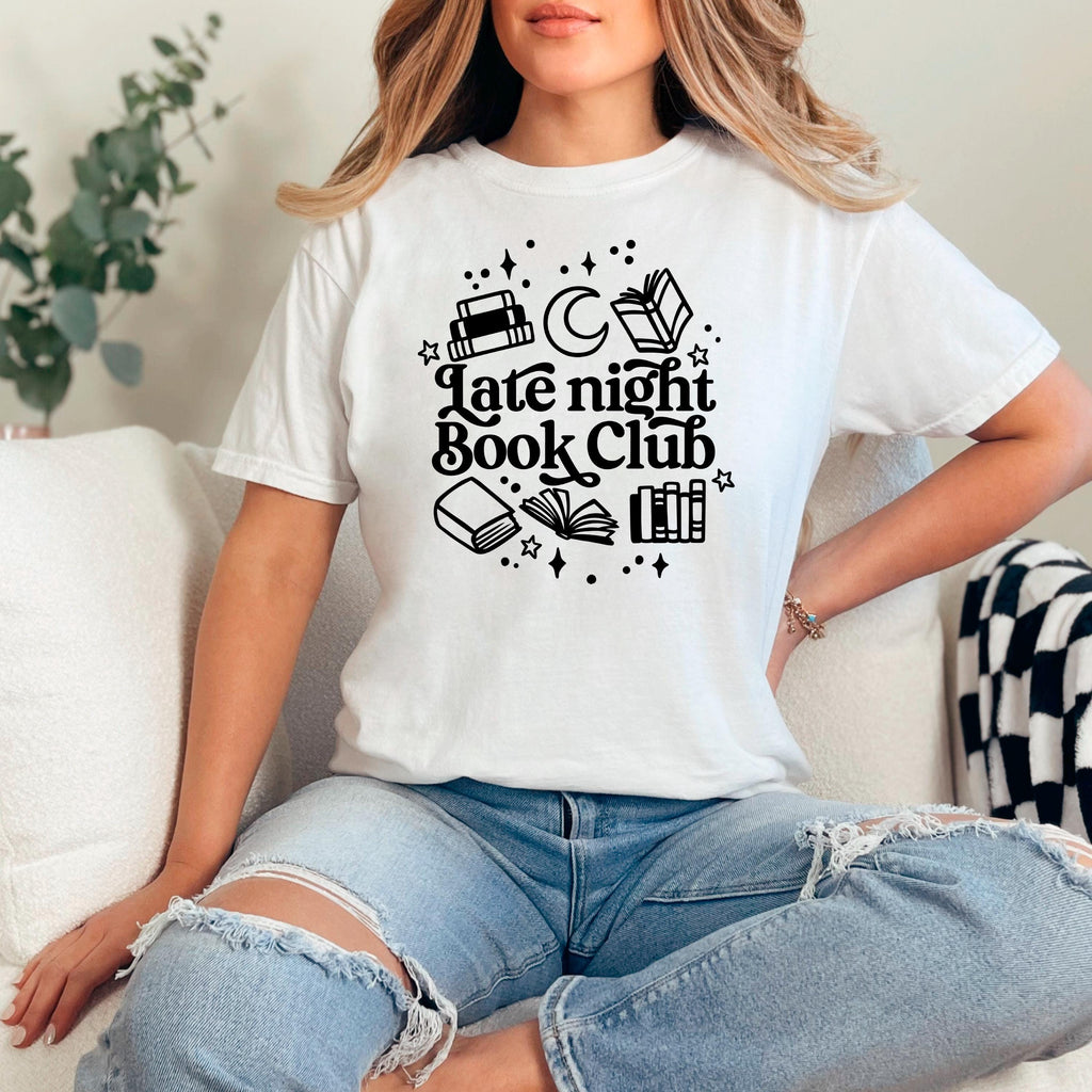 Late Night Book Club Tee – Cozy Reading Graphic Shirt | Vintage Bookish Apparel