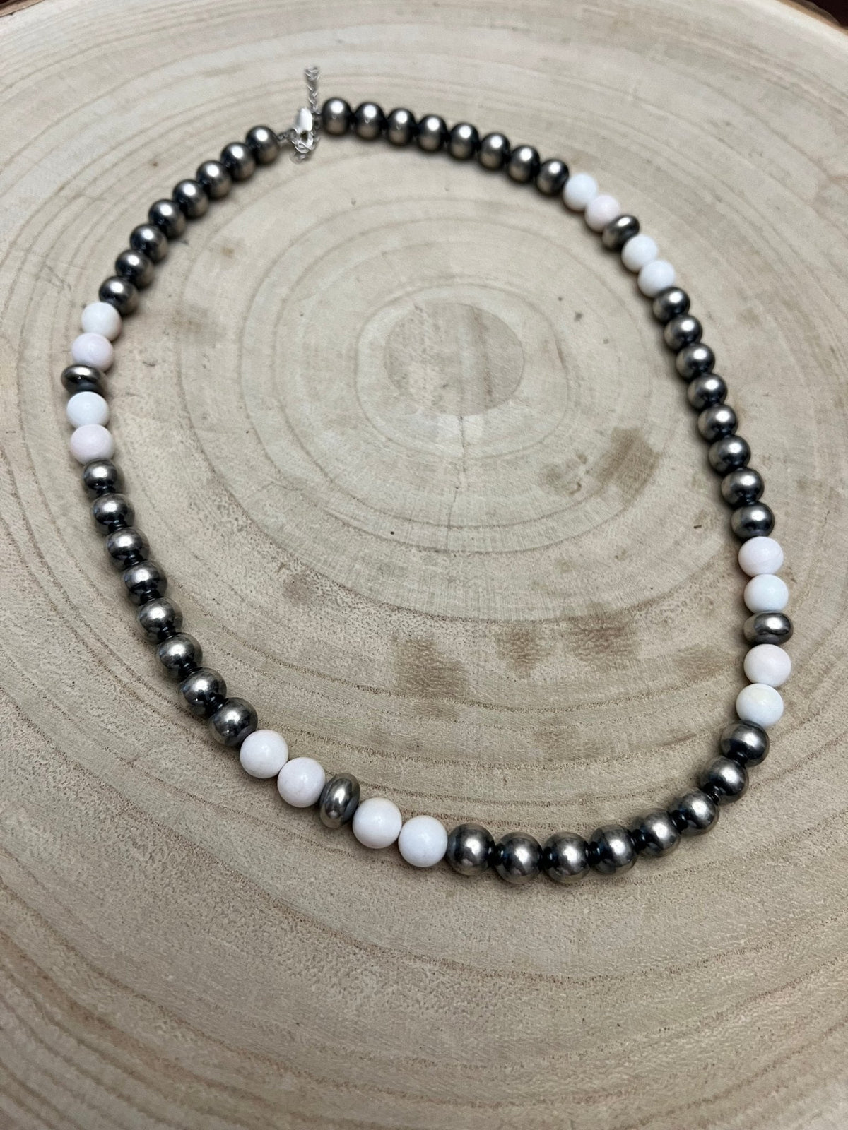 8mm Sterling Pearl, Saucer & Pink Conch Necklace — 19 inch