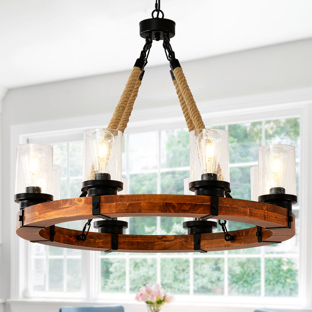 8-Light Rustic Wagon Wheel Chandelier | 31" Wood Frame & Seeded Glass, Farmhouse Industrial Pendant