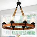 8-Light Rustic Wagon Wheel Chandelier | 31" Wood Frame & Seeded Glass, Farmhouse Industrial Pendant
