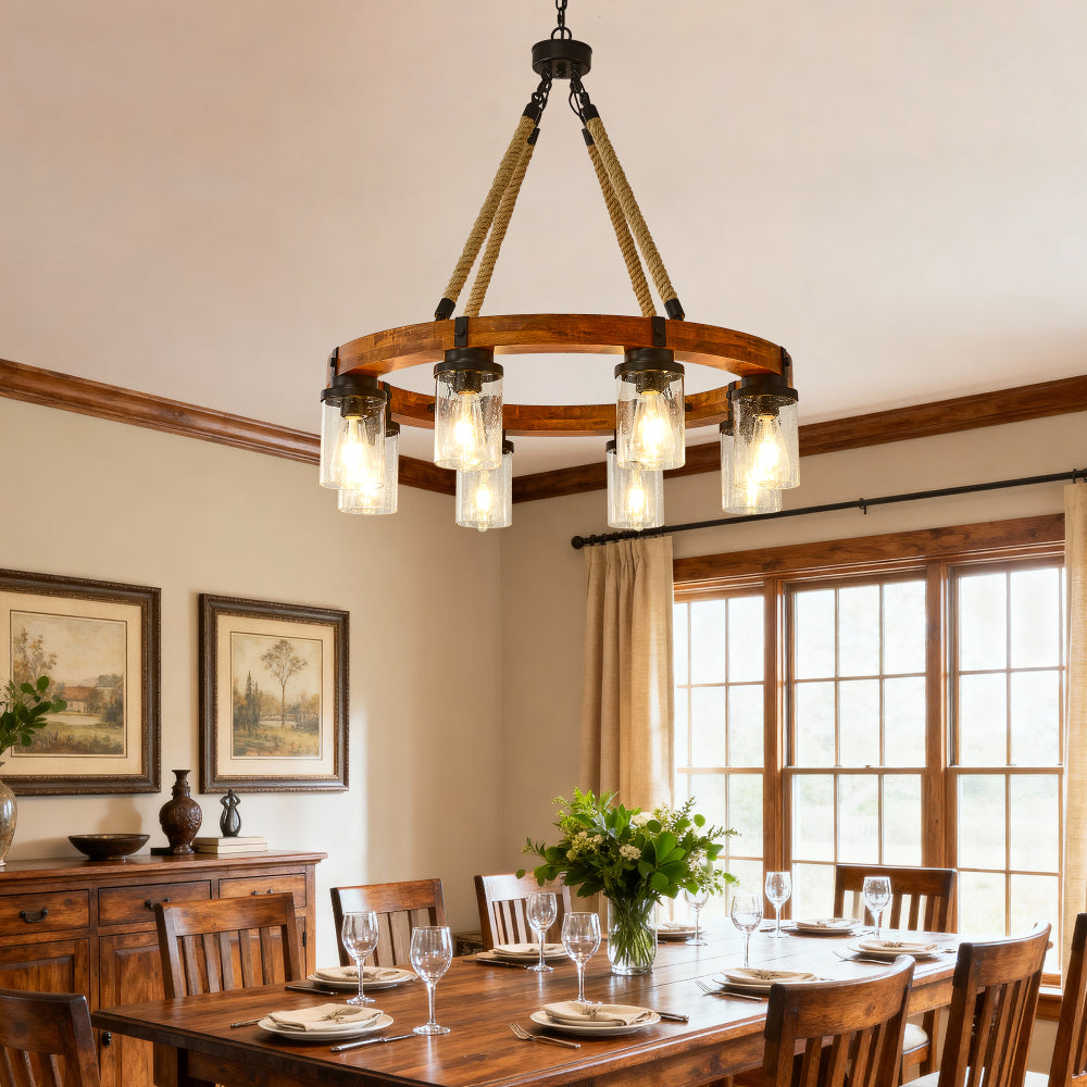 8-Light Rustic Wagon Wheel Chandelier | 31" Wood Frame & Seeded Glass, Farmhouse Industrial Pendant