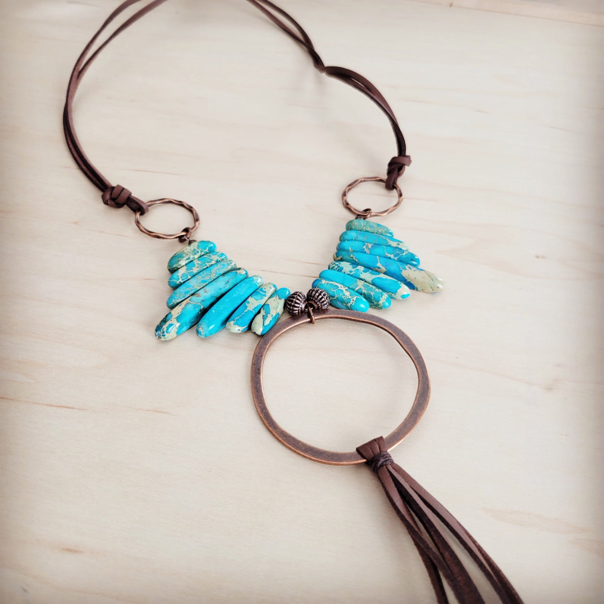 **Imperial Jasper Slab Necklace w/ Copper Hoop & Tassel 252h