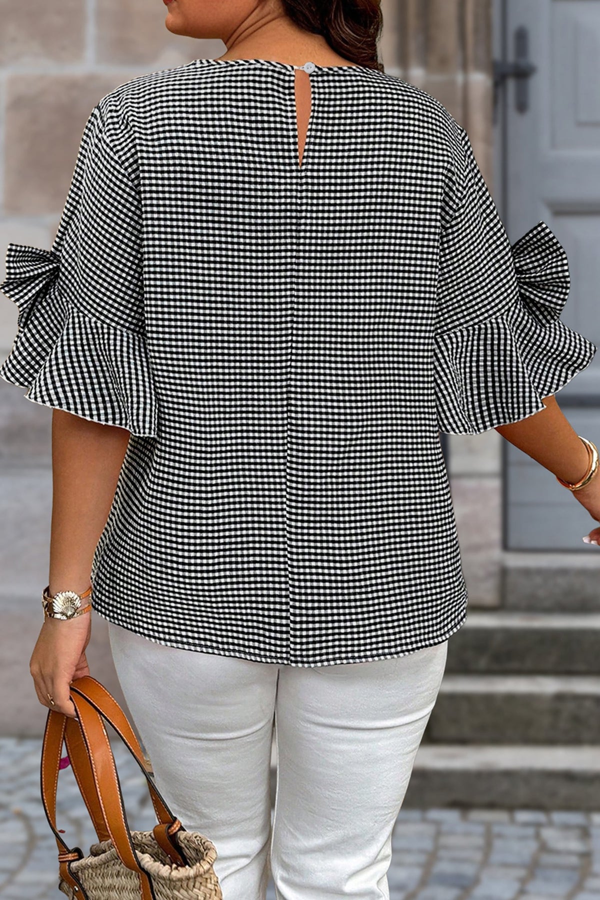 Black Plus Size Plaid Bow Decor Bell Sleeve Round Neck Jumper
