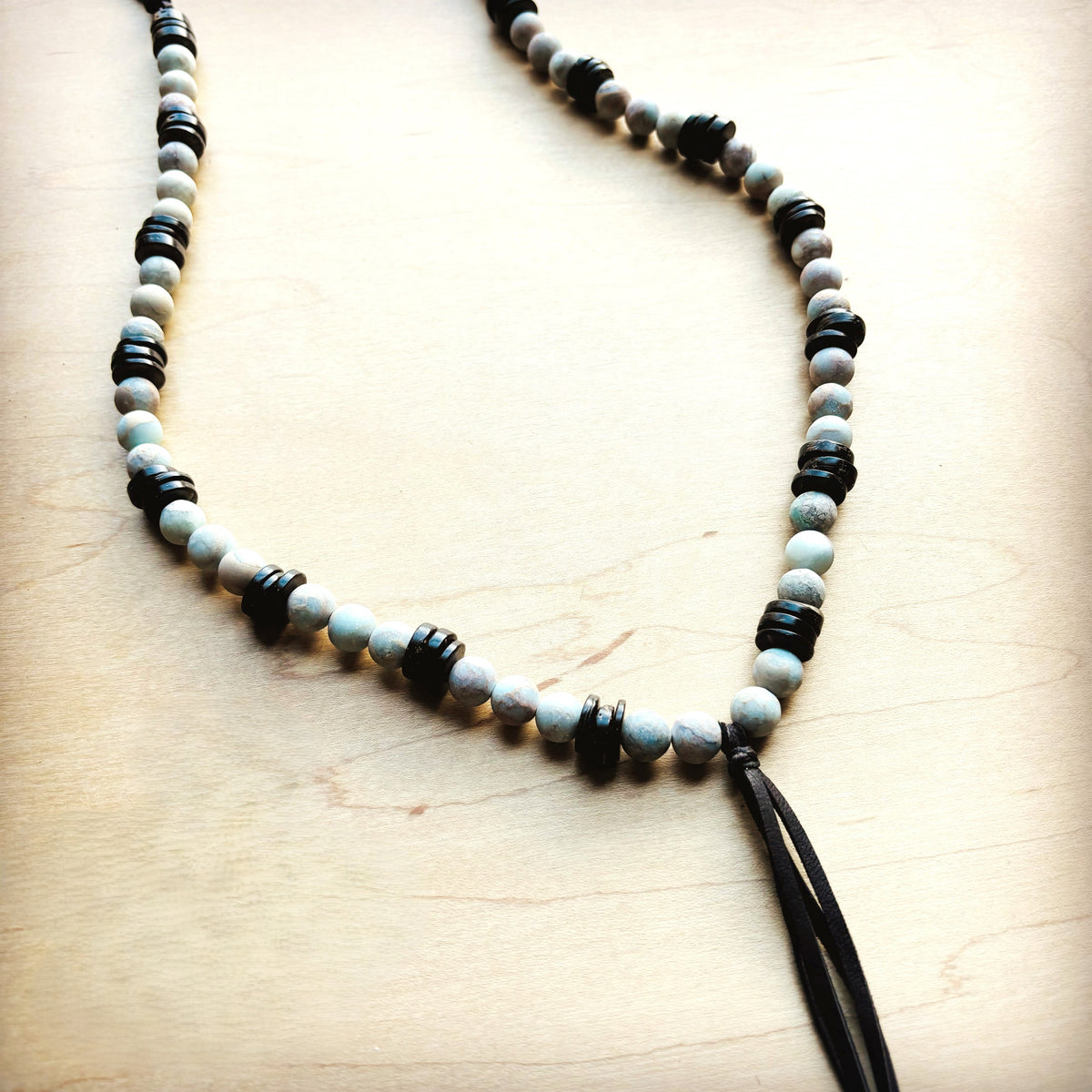 **Frosted Aqua Terra Necklace w/ Wood Beads & Leather Tassel 258a