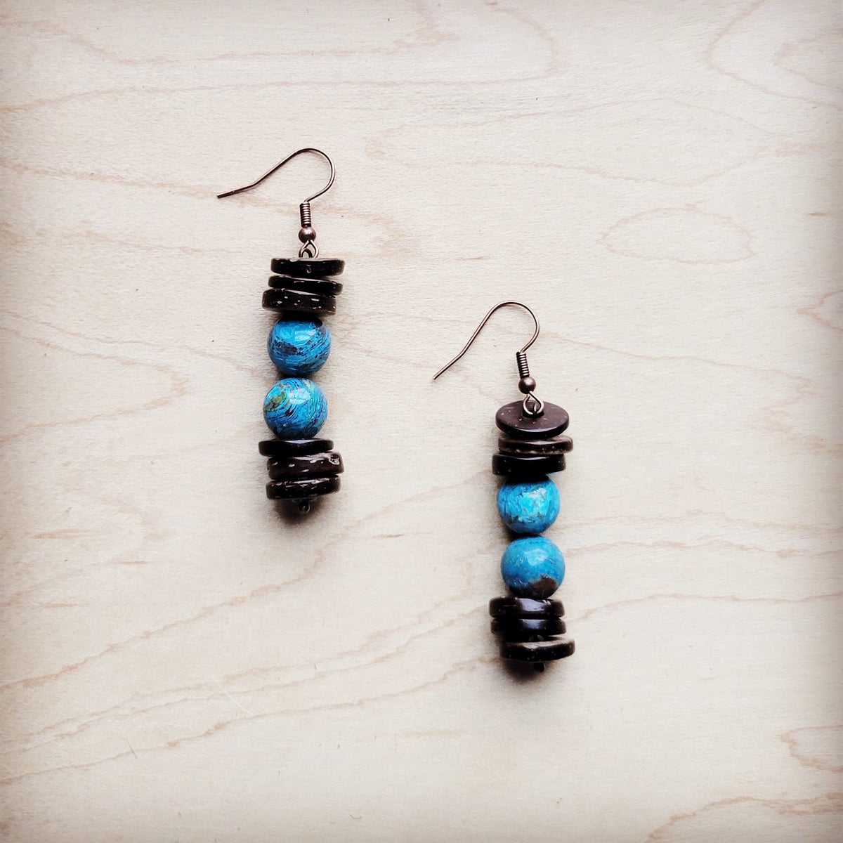 **Ocean Agate and Wood Drop Earrings 225c