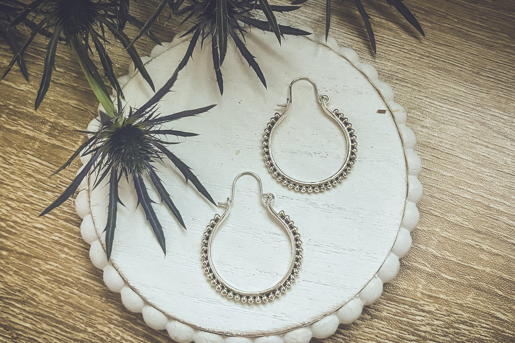 Beautiful Boho Silver Hoop Drop Earrings
