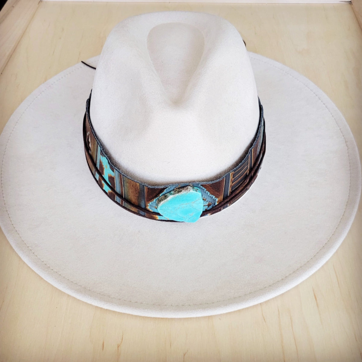 **Wide Genuine Leather Blue Navajo Hat Band Only w/ Turq 953j