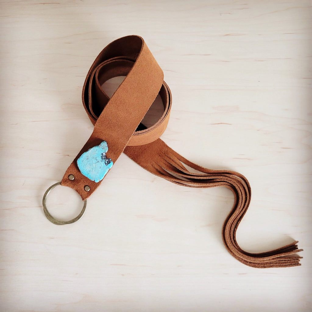 Suede Leather Belt with Leather Fringe Closure and Turq Slab 908s