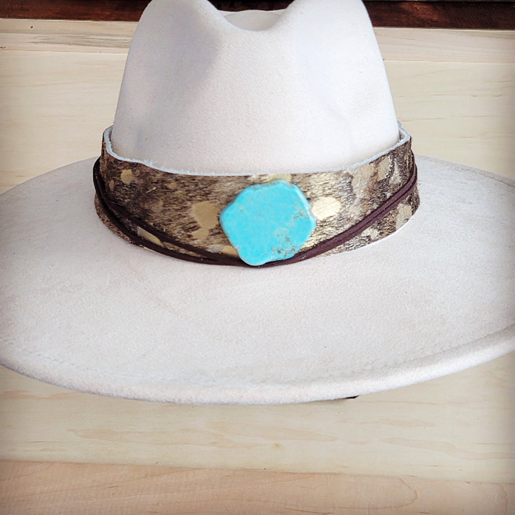 Wide Genuine Leather Mixed Metallic Hat Band Only  w/ Turq 953t