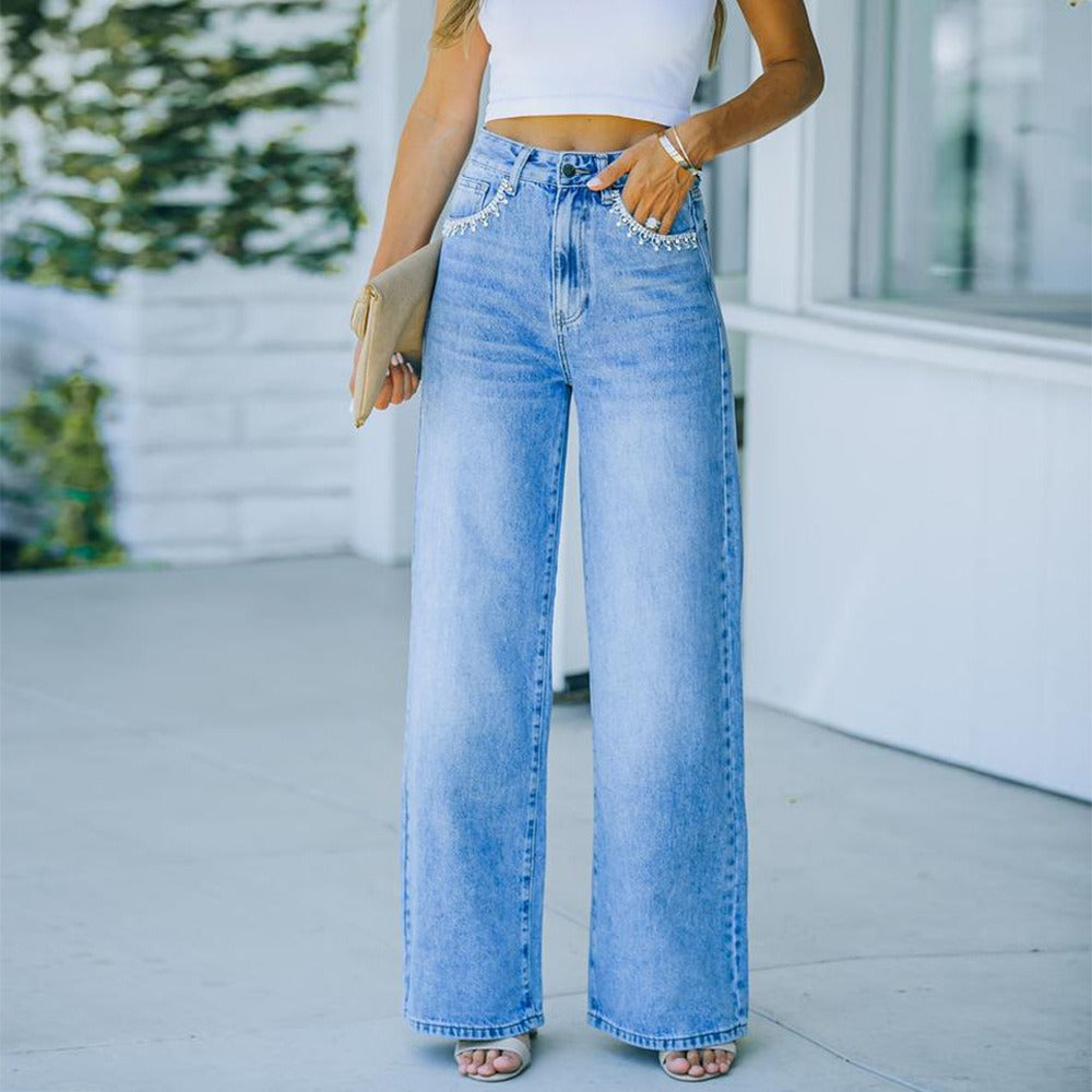 "Ava" Petal Pocket Wide-Leg Denim Jeans