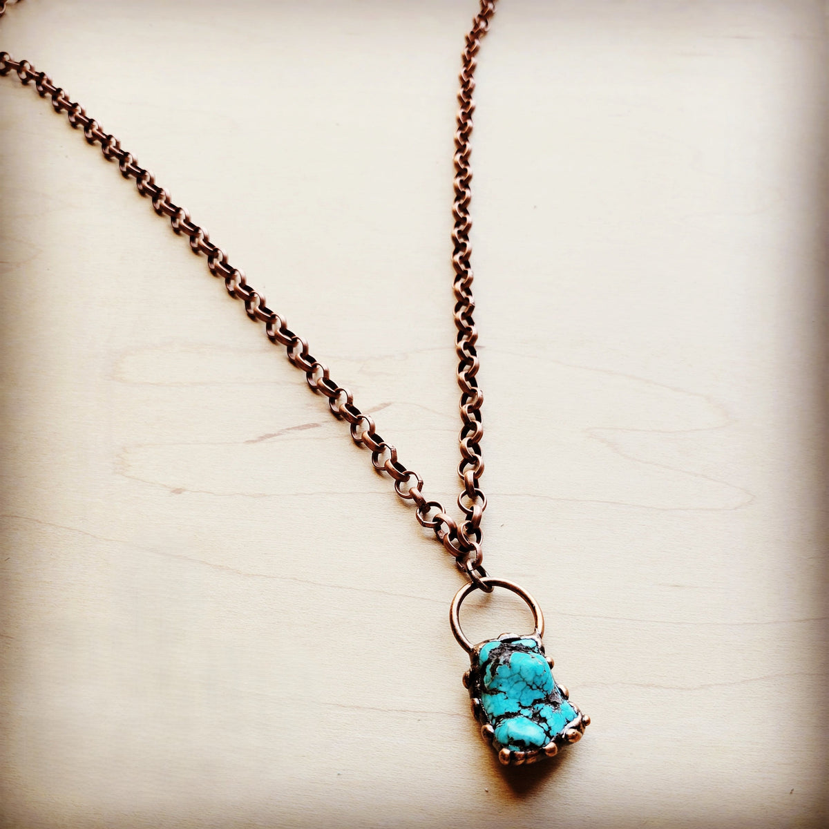 Long Copper Necklace with Turquoise and Copper Pendant 255f