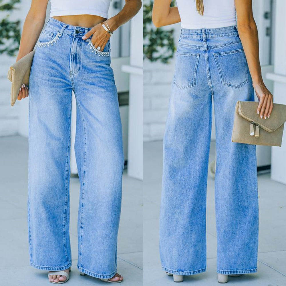 "Ava" Petal Pocket Wide-Leg Denim Jeans
