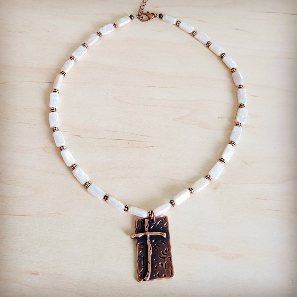 **Rectangle Freshwater Pearl & Copper Necklace w/ Antique Cross Pendant 264a