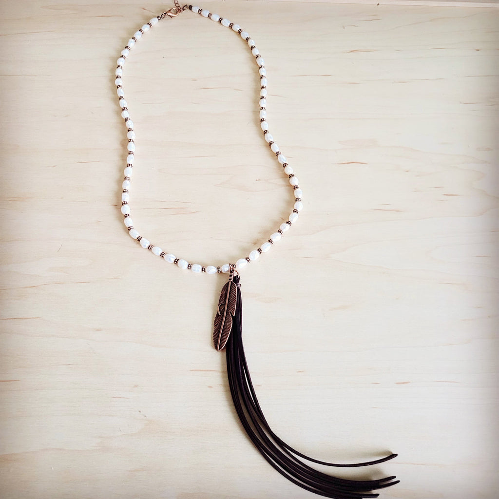 **Long Freshwater Pearl & Copper Necklace w/ Feather Tassel Pendant 264b