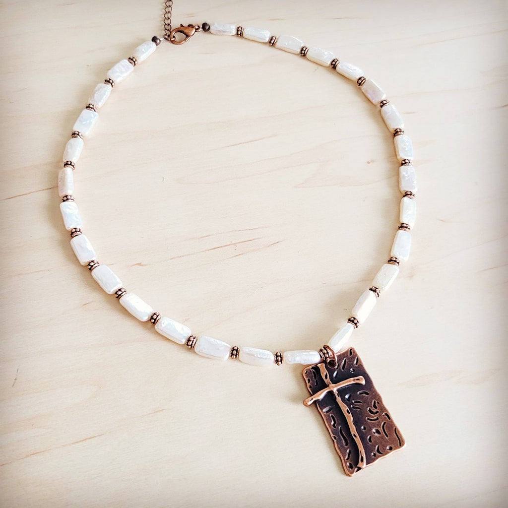 **Rectangle Freshwater Pearl & Copper Necklace w/ Antique Cross Pendant 264a