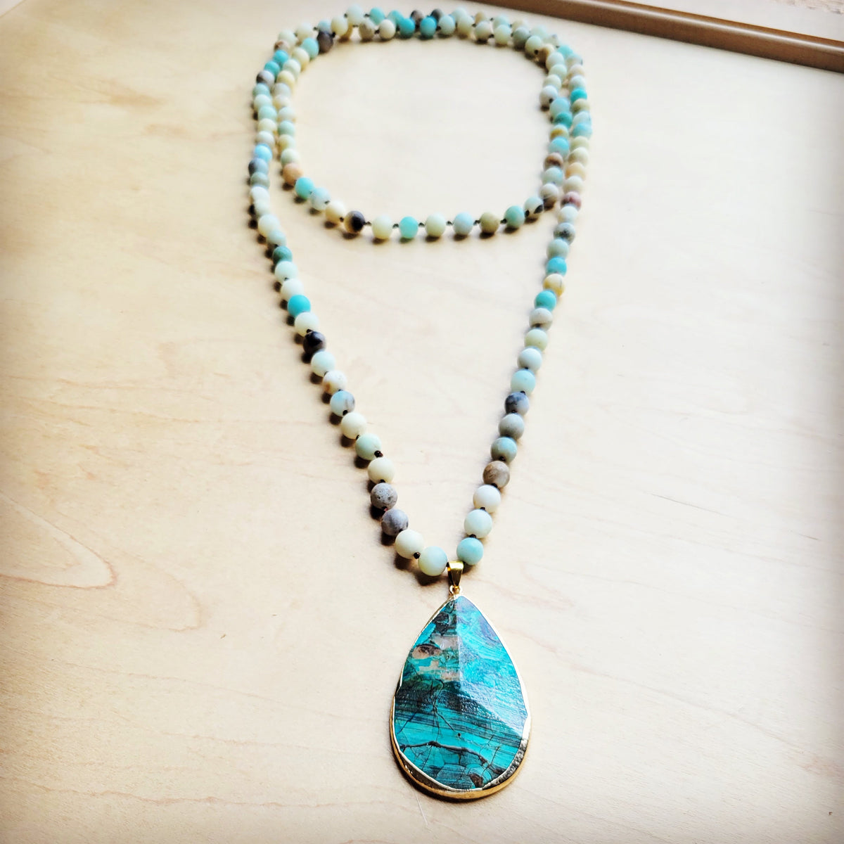 Frosted Amazonite Long Beaded Necklace with Agate Pendant 260o