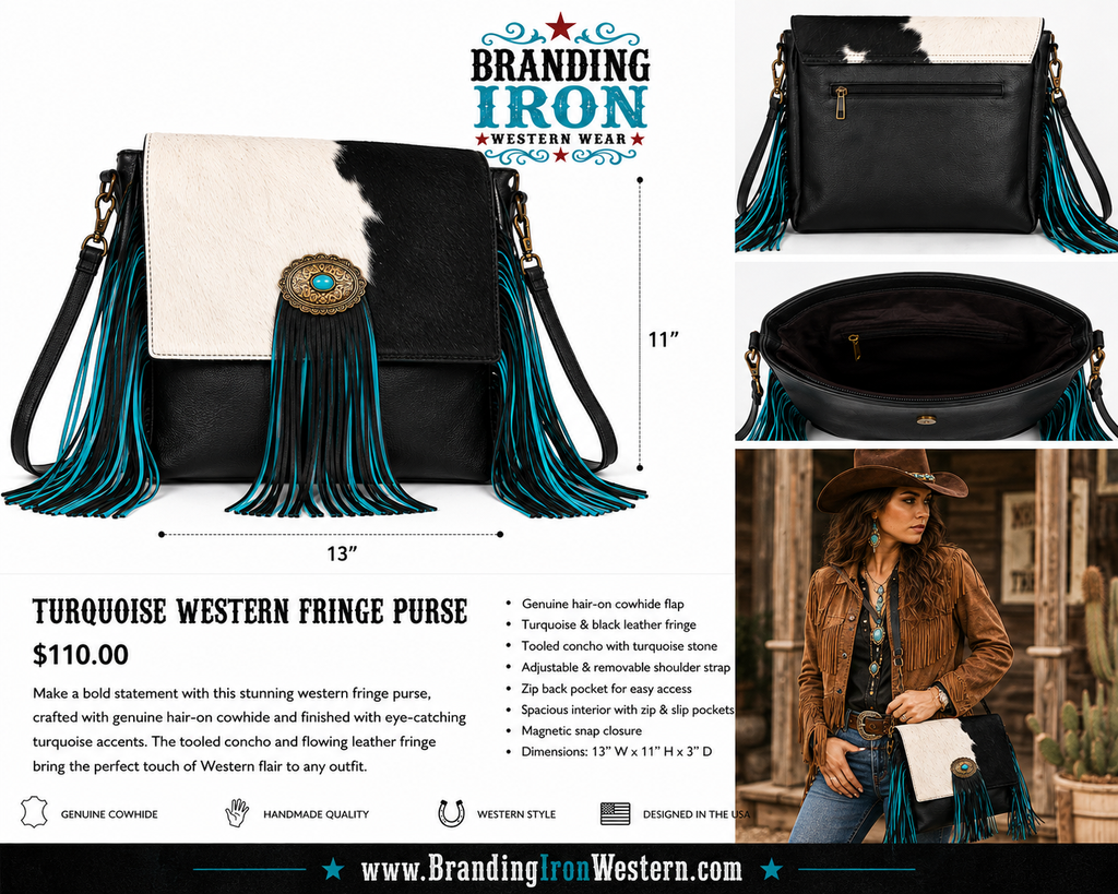 Midnight Mesa Fringe | Genuine Hair-on Hide Western Purse | Branding Iron Western Wear