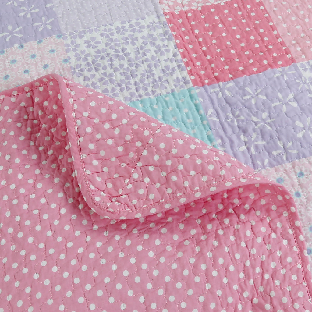 Angelina Pink Floral Dot Print Patchwork Cotton Reversible Quilt Bedding Set
