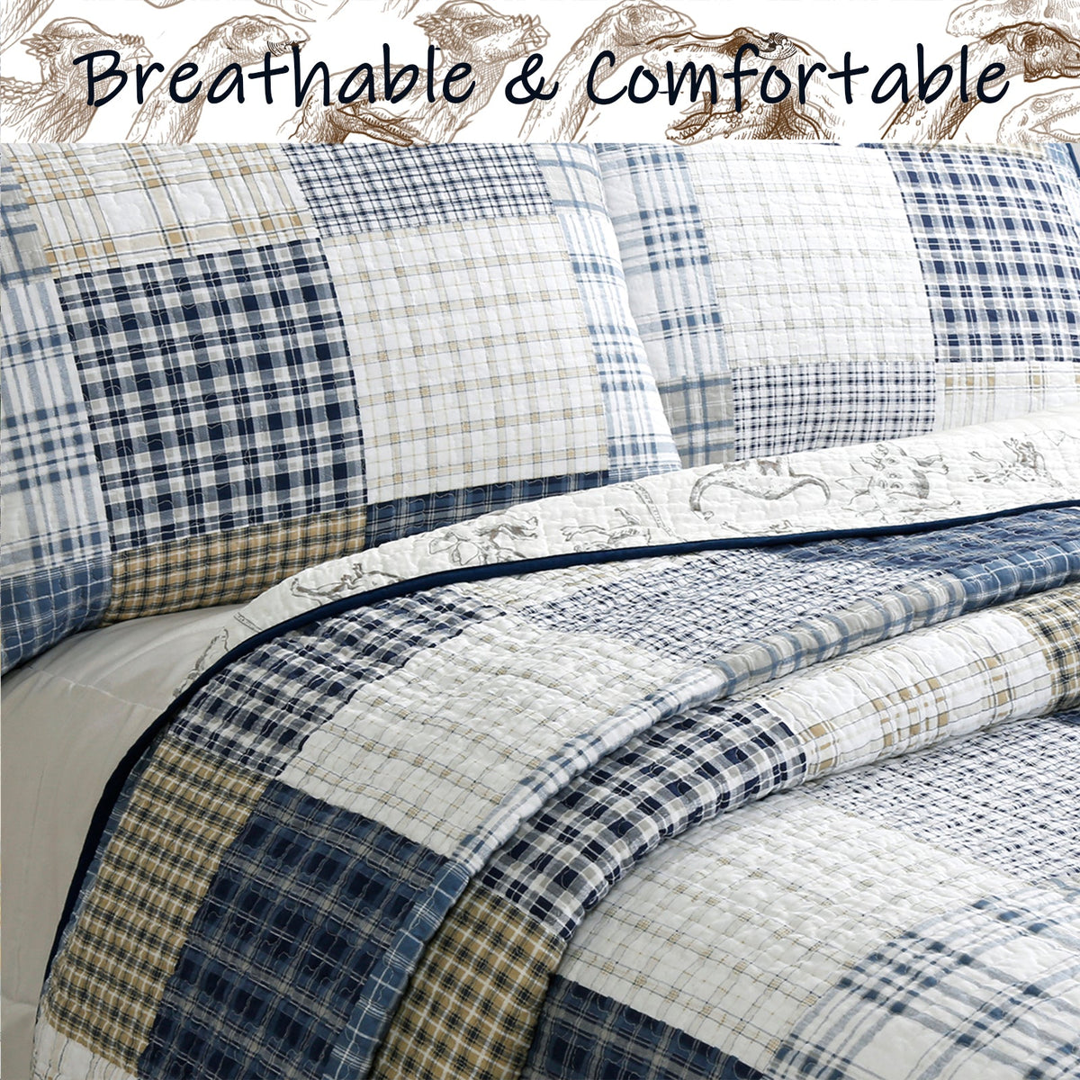 Benjamin Dinosaur Blue Brown Plaid Print Patchwork Cotton Reversible Quilt Bedding Set