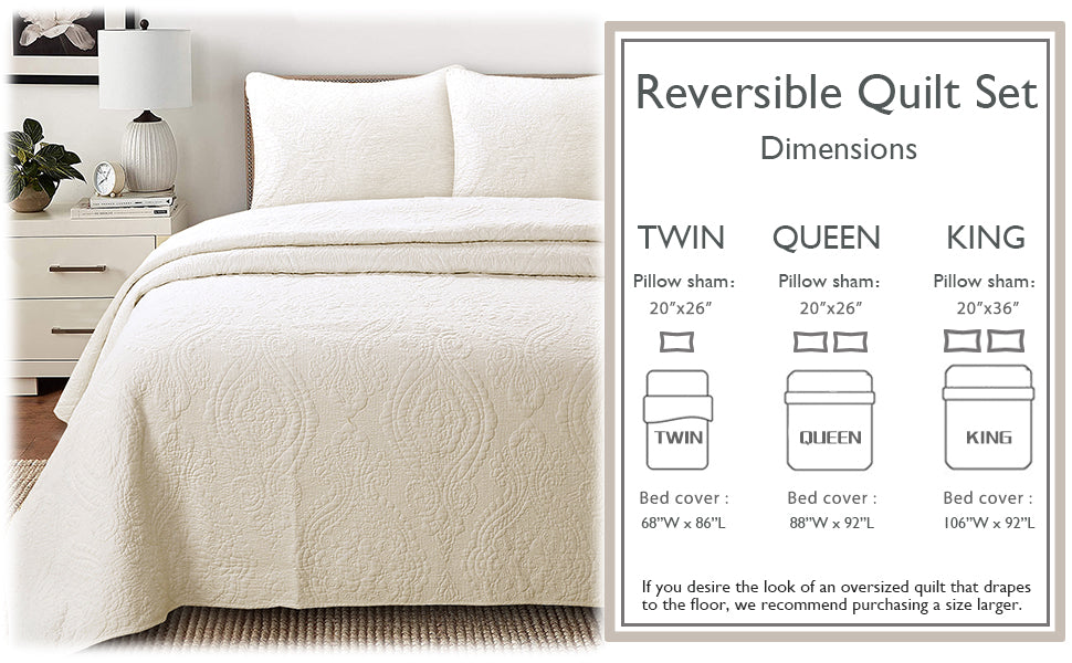 Solid Ivory Chic Brocade Matelassé Medallion Floral Cotton Reversible Quilt Bedding Set (Copy)