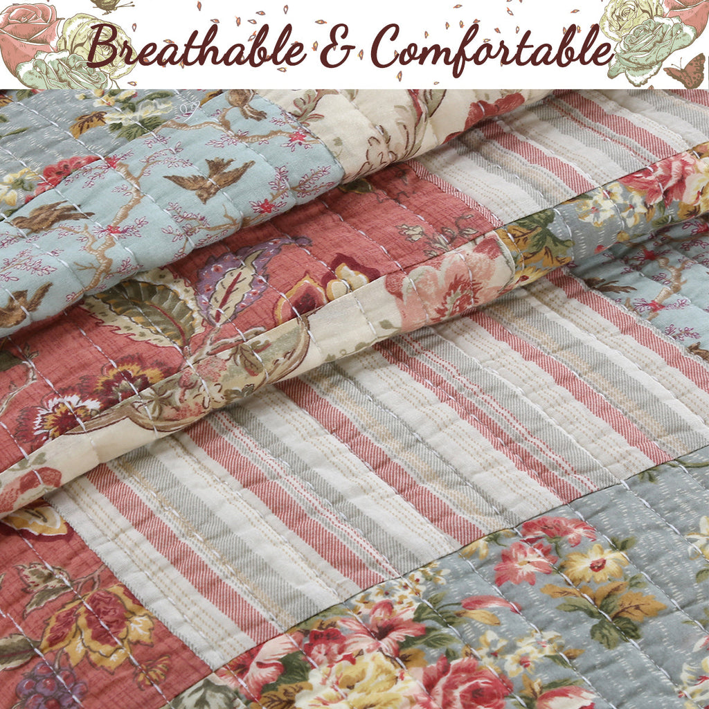 Eleanor Real Patchwork Floral Stripe 3-Piece Cotton Reversible Quilt Bedding Set