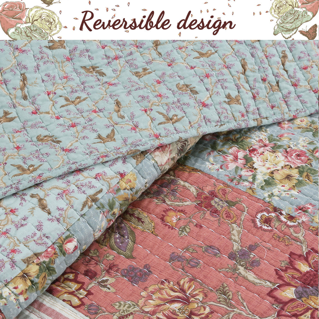 Eleanor Real Patchwork Floral Stripe 3-Piece Cotton Reversible Quilt Bedding Set