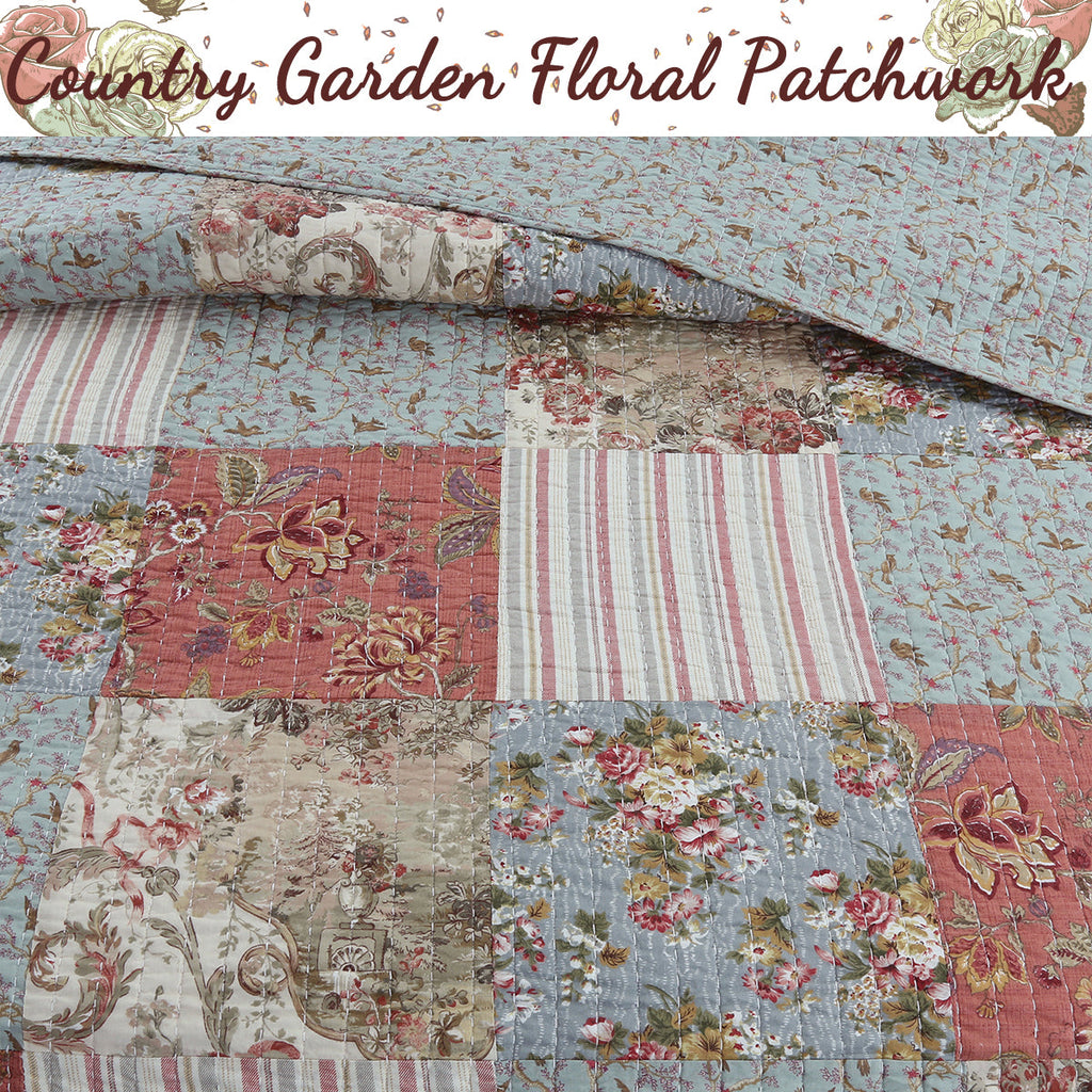Eleanor Real Patchwork Floral Stripe 3-Piece Cotton Reversible Quilt Bedding Set