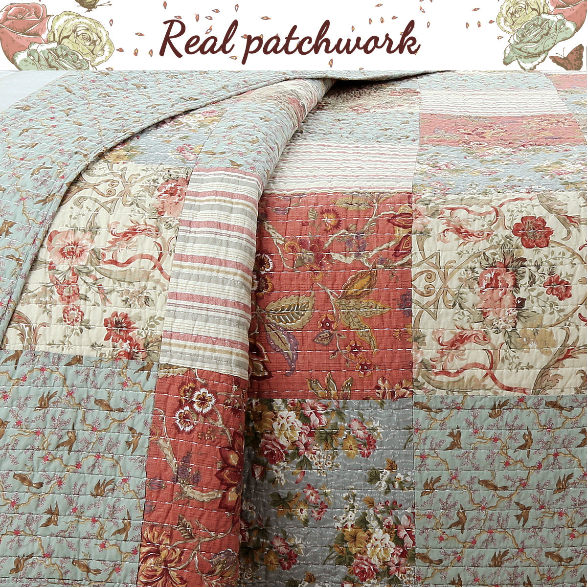Eleanor Real Patchwork Floral Stripe 3-Piece Cotton Reversible Quilt Bedding Set