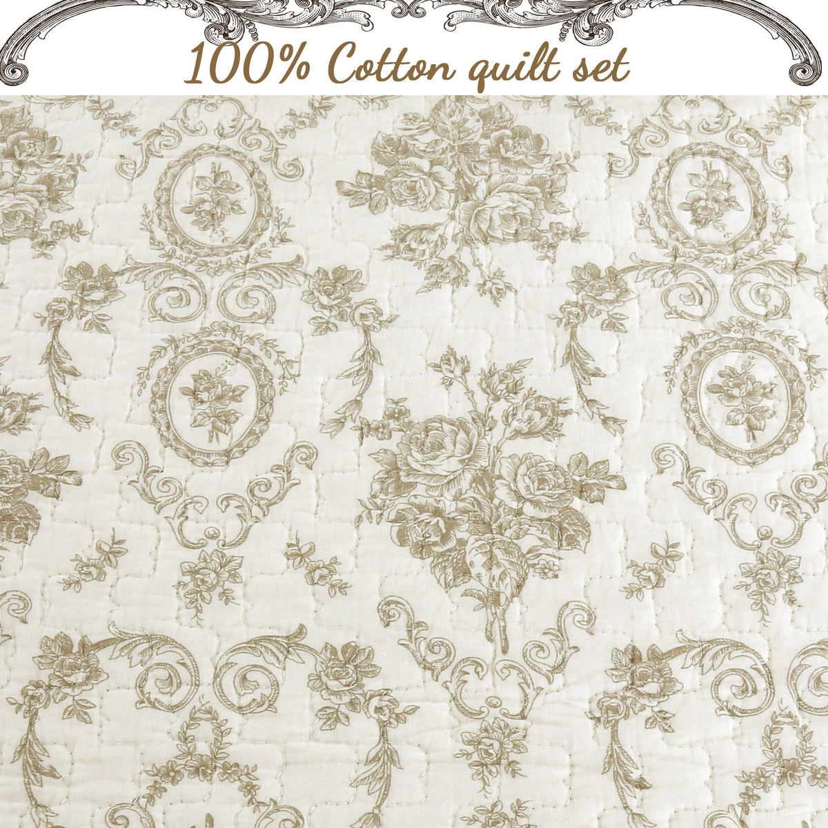 French Medallion Ivory Scalloped Edge Cotton 3-piece Reversible Quilt Bedding Set