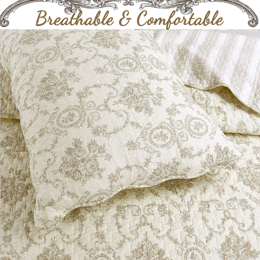 French Medallion Ivory Scalloped Edge Cotton 3-piece Reversible Quilt Bedding Set
