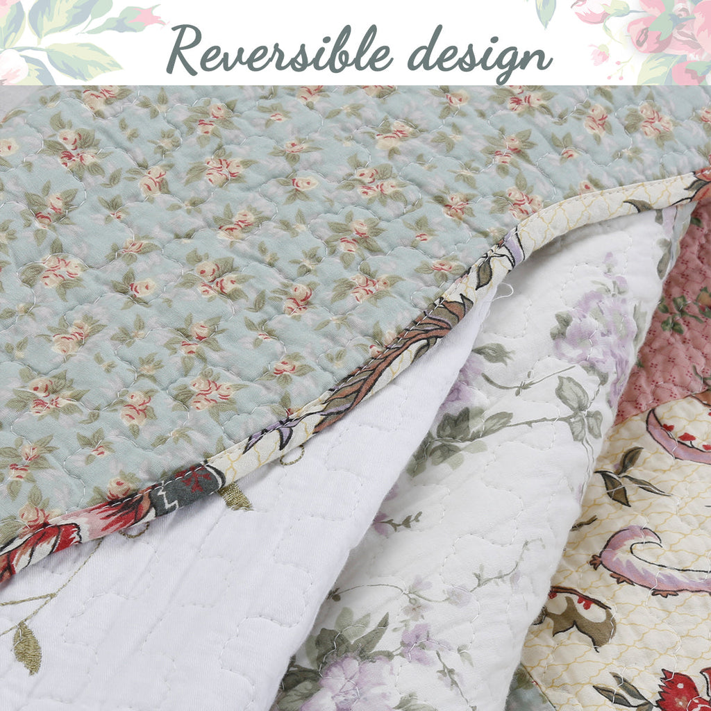 Grace Celadon Real Patchwork Embroidered Scalloped Edge Cotton Reversible Quilt Bedding Set