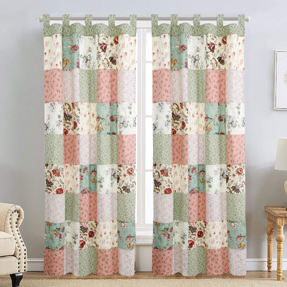 Grace Celadon Real Patchwork Embroidered Scalloped Edge Cotton Reversible Quilt Bedding Set