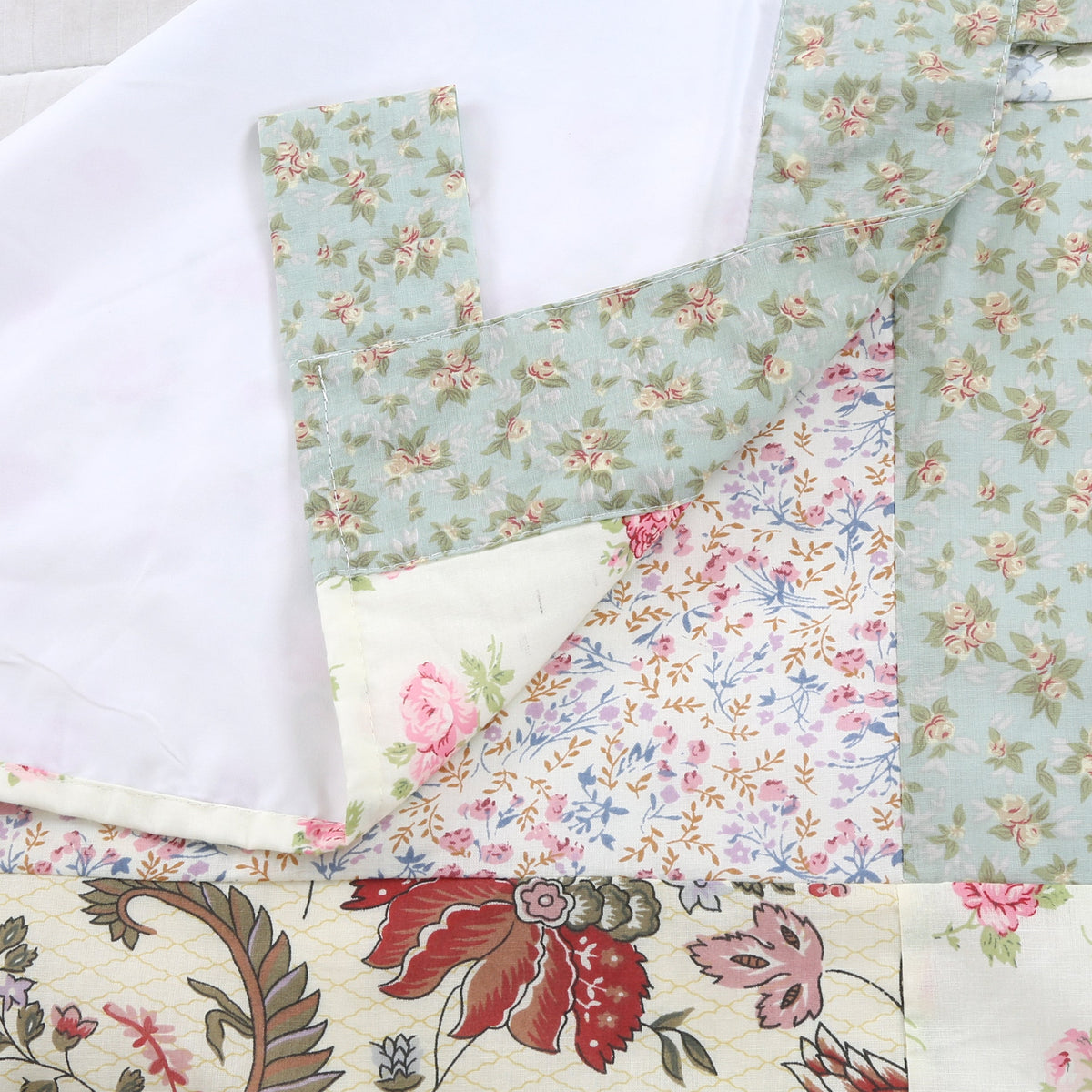 Grace Celadon Real Patchwork Embroidered Scalloped Edge Cotton Reversible Quilt Bedding Set