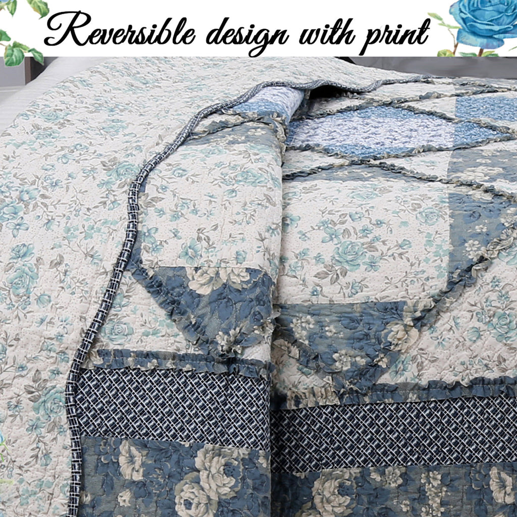 Moyers Blue Ruffle Real Patchwork Scalloped Edge Cotton 3-Piece Reversible Quilt Bedding Set