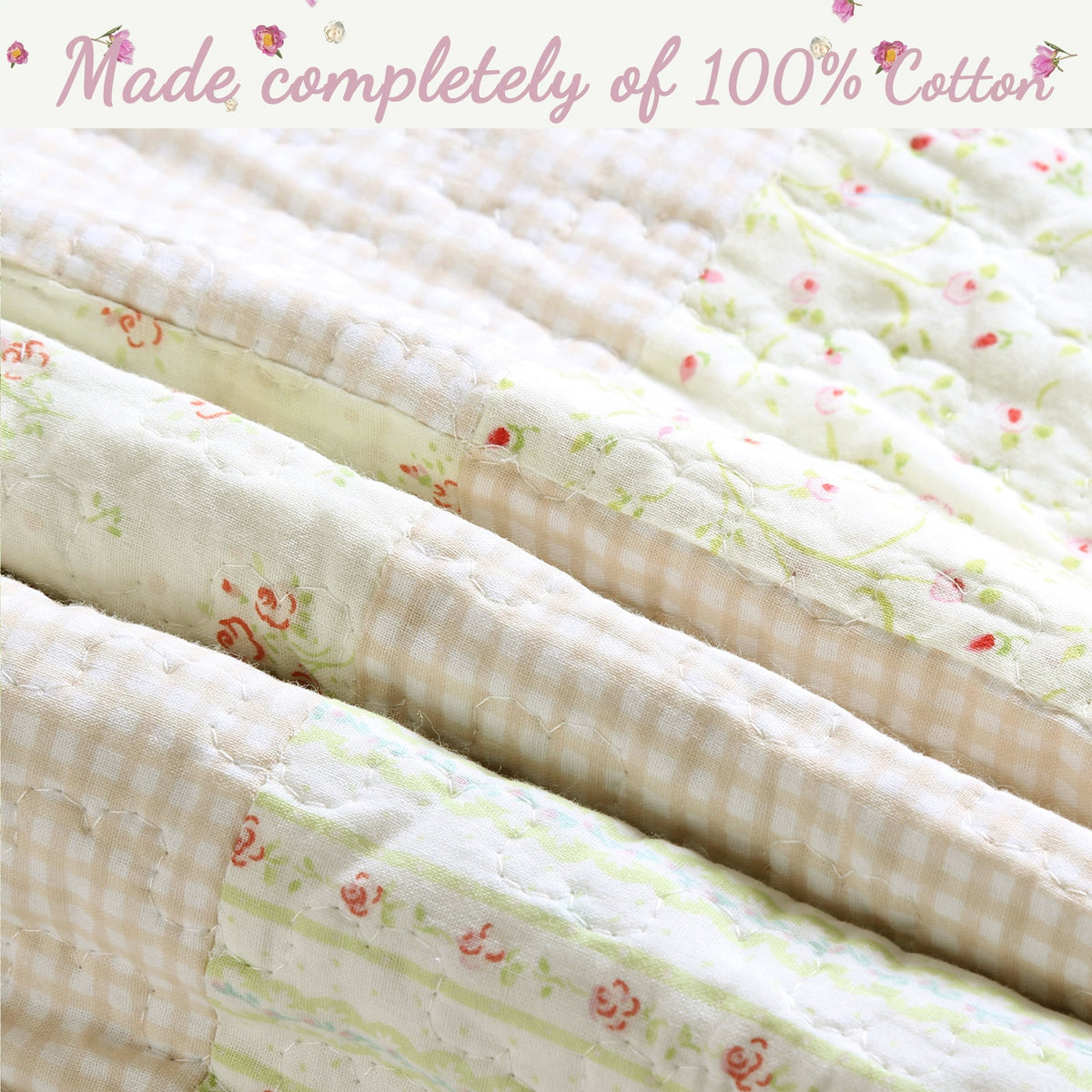 Sweet Peach Pink Floral Ruffle Scalloped Real Patchwork Cotton Reversible Quilt Bedding Set