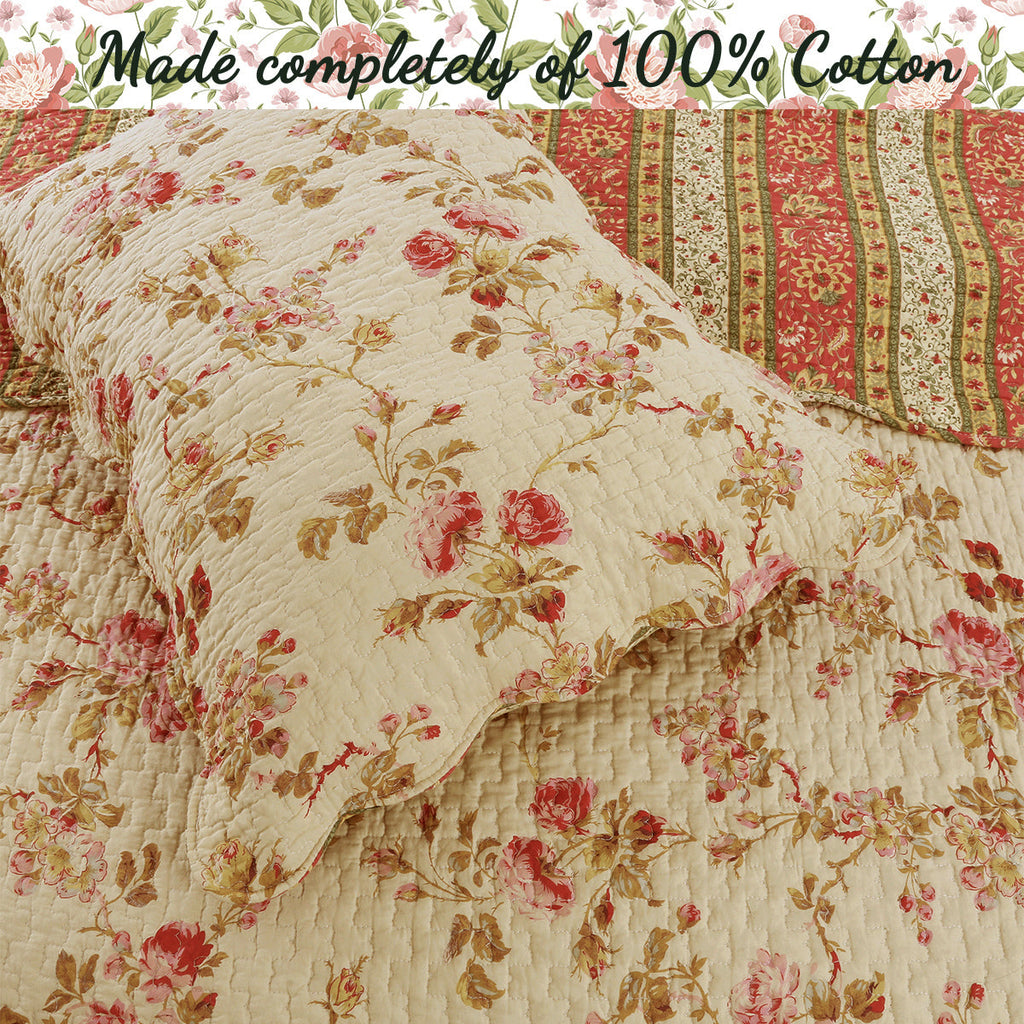 Vintage Rose Floral Cotton Quilted Scalloped 3-Piece Reversible Quilt Bedding Set
