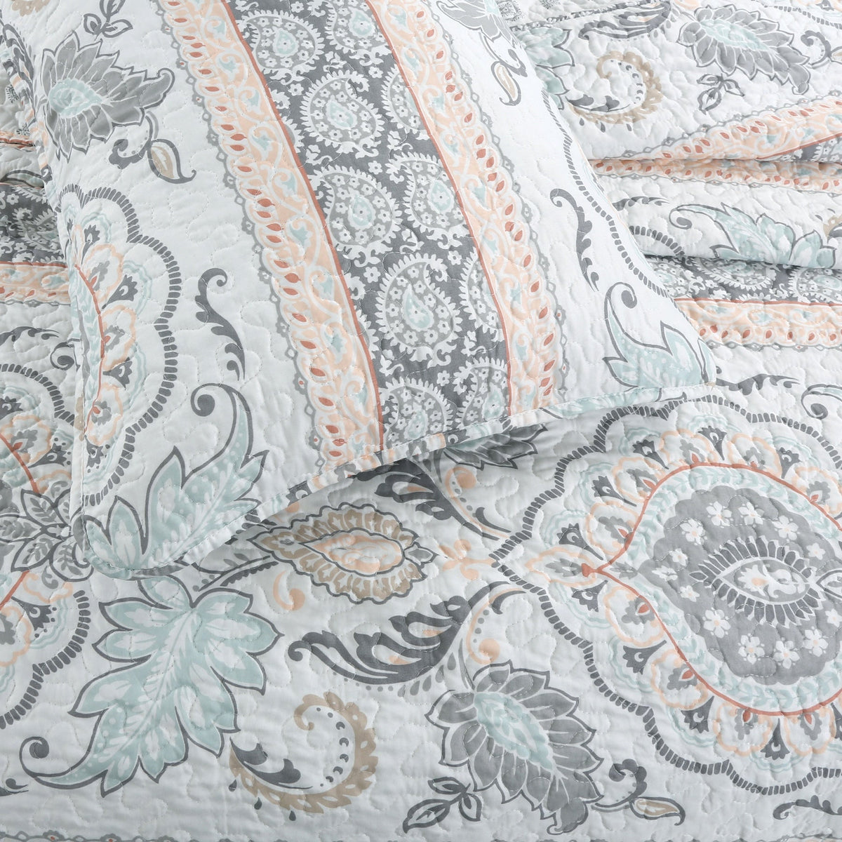 Peach Paisley Print Grey Aqua Blue Floral 3-Piece Reversible Quilt Bedding Set