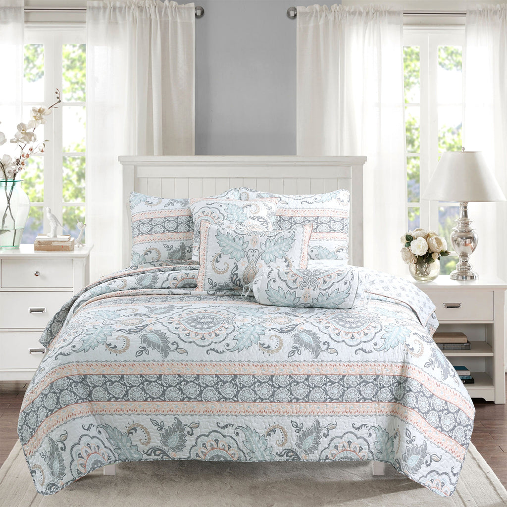 Peach Paisley Print Grey Aqua Blue Floral 3-Piece Reversible Quilt Bedding Set