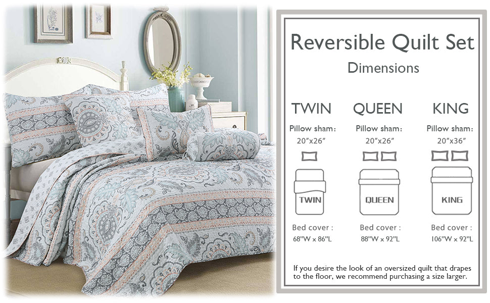 Peach Paisley Print Grey Aqua Blue Floral 3-Piece Reversible Quilt Bedding Set