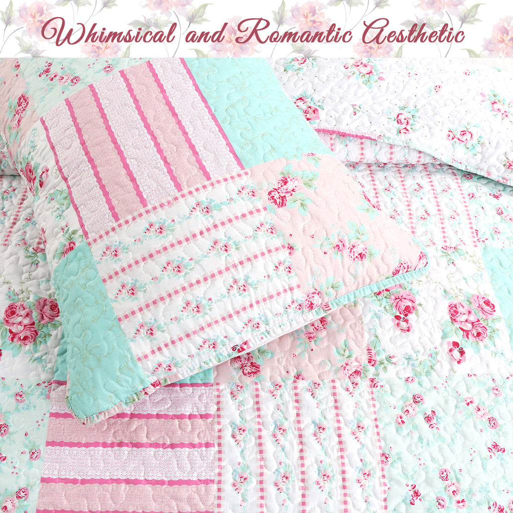 Tiffany Pink Blossom Floral Garden Girl Print Patchwork Reversible Quilt Bedding Set