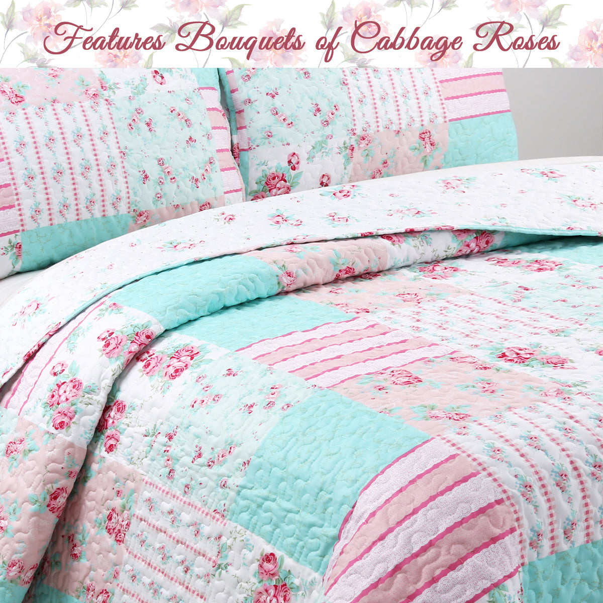 Tiffany Pink Blossom Floral Garden Girl Print Patchwork Reversible Quilt Bedding Set