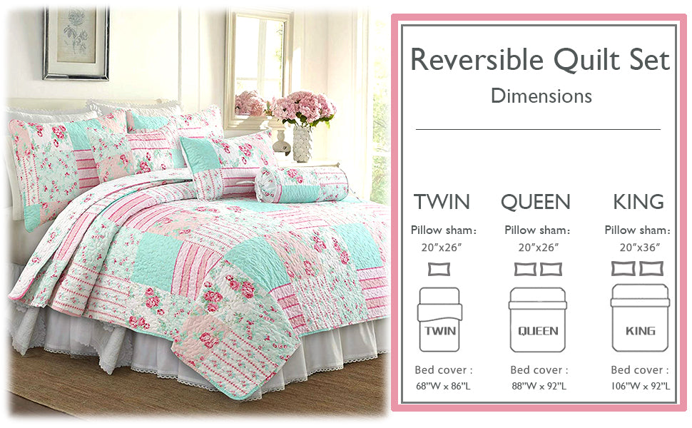 Tiffany Pink Blossom Floral Garden Girl Print Patchwork Reversible Quilt Bedding Set