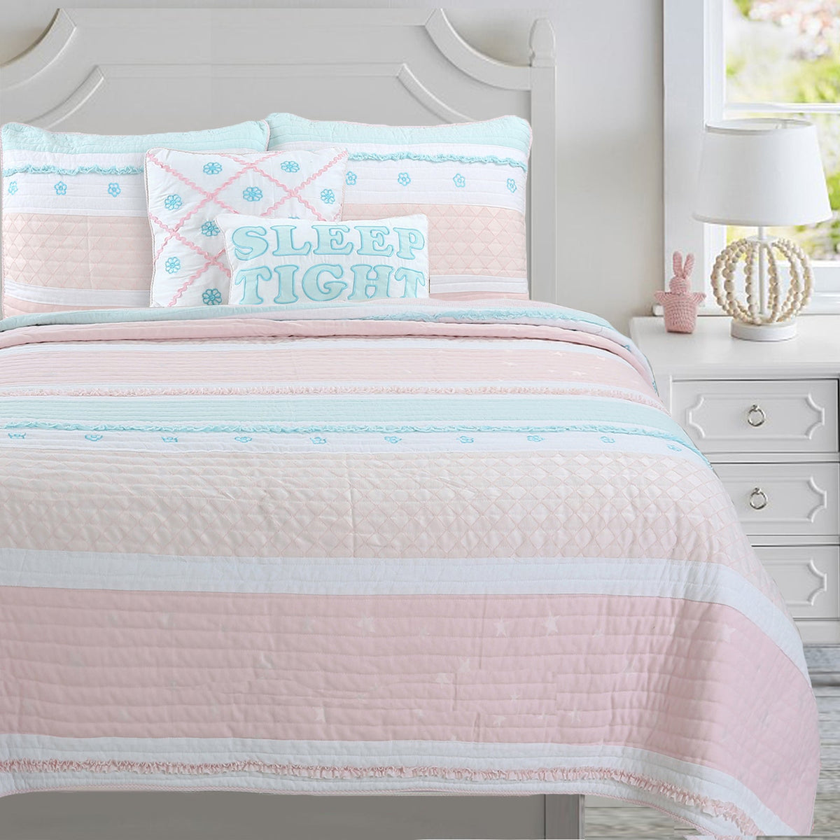 Candy Light Pink Blue Ruffle Floral Stripe Real Patchwork Girl Cotton Reversible Quilt Bedding Set