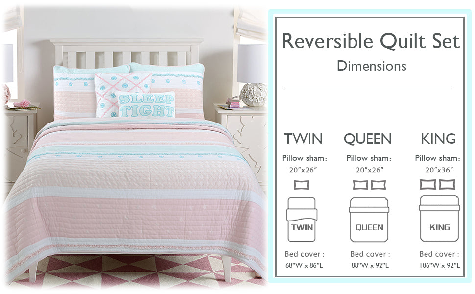 Candy Light Pink Blue Ruffle Floral Stripe Real Patchwork Girl Cotton Reversible Quilt Bedding Set