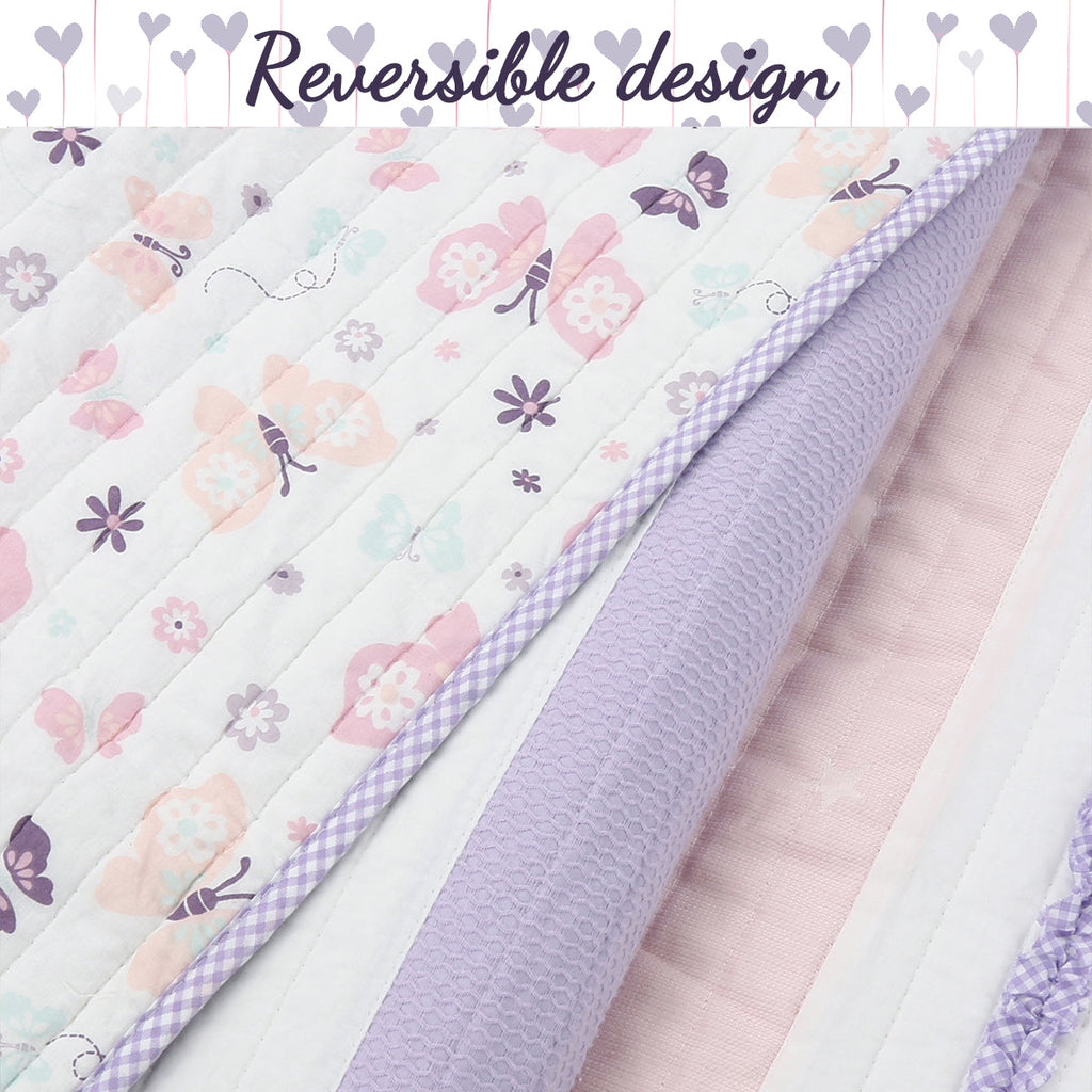 Lavender Pink Blue Chic Ruffle Girl Cotton Reversible Quilt Bedding Set