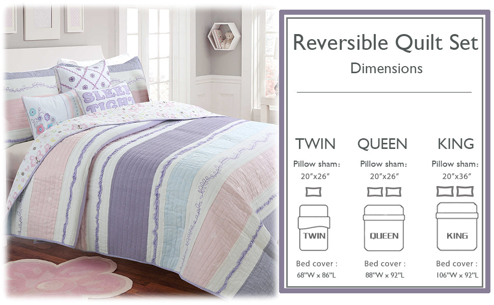 Lavender Pink Blue Chic Ruffle Girl Cotton Reversible Quilt Bedding Set
